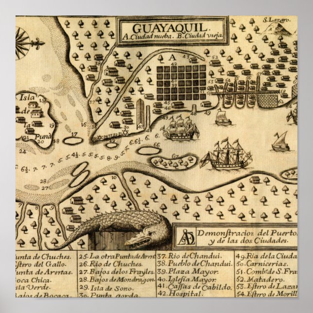 Póster Mapa de Guayaquil, Ecuador (1741) (Frente)