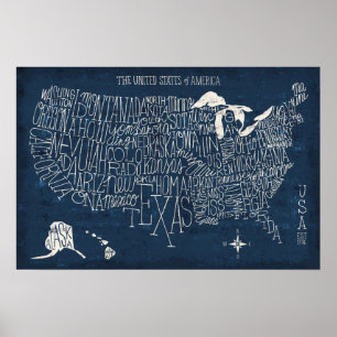 Póster Mapa de Hand Lettered Blue USA