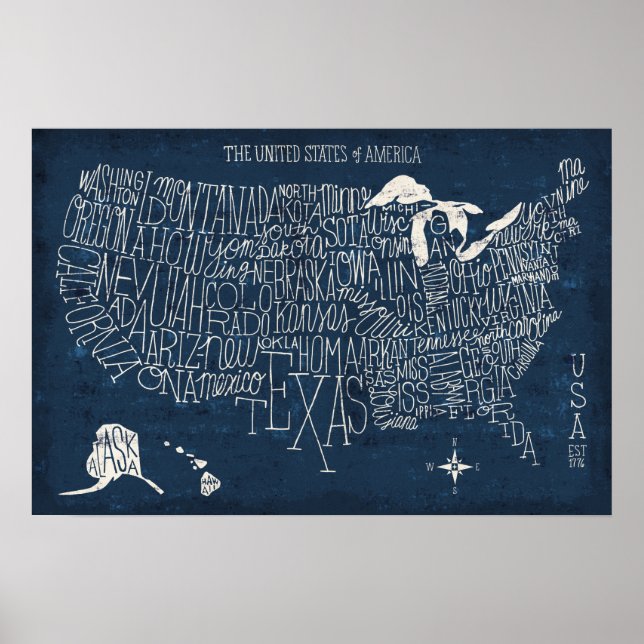 Póster Mapa de Hand Lettered Blue USA (Frente)