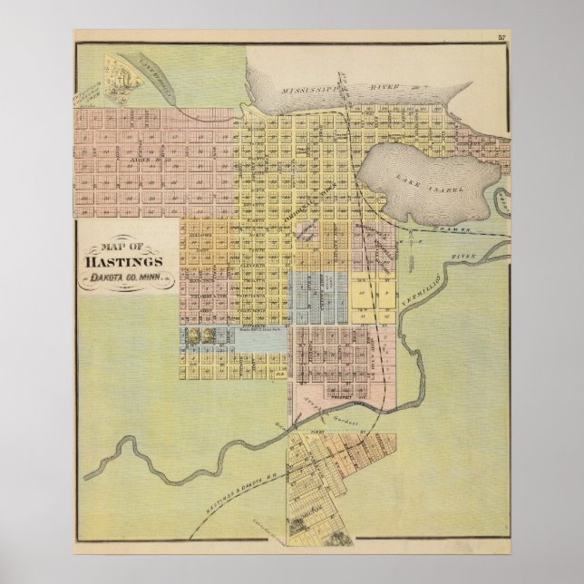 Póster Mapa de Hastings, Condado de Dakota, Minnesota (Frente)