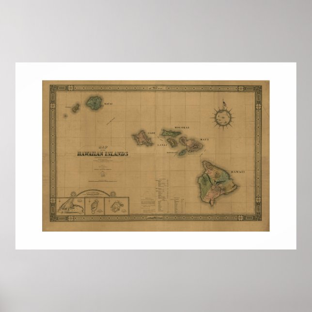 Póster Mapa de Hawái Vintage 1876 - Islas Hawái (Frente)