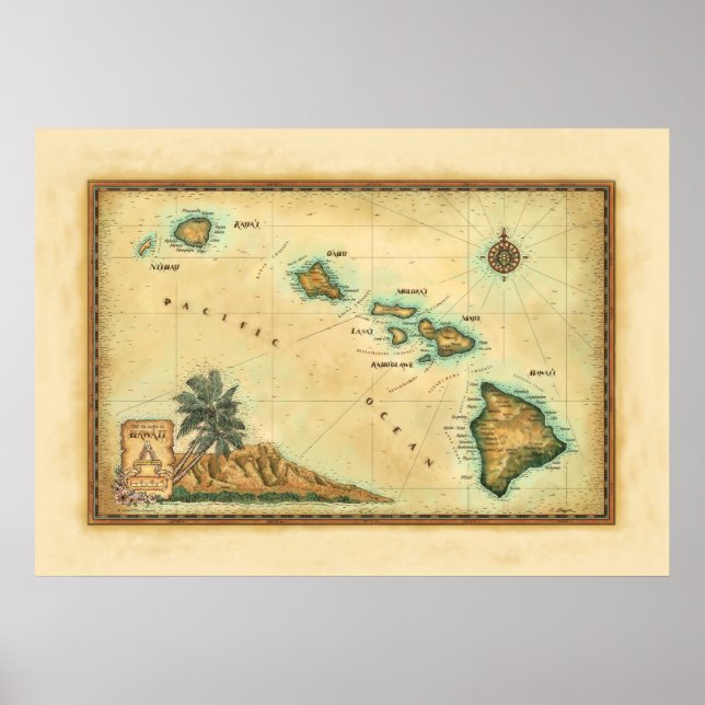 Póster Mapa de Hawaii, tamaños 2 (Frente)