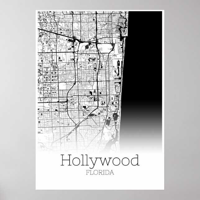 Póster Mapa de Hollywood - Florida - Poster de Mapa de Ci (Frente)