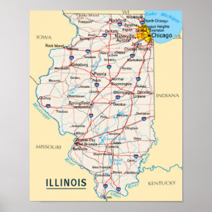 Póster Mapa de Illinois Viaje Destino para Hogar o Oficin