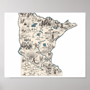 Póster Mapa de imágenes antiguas de Minnesota