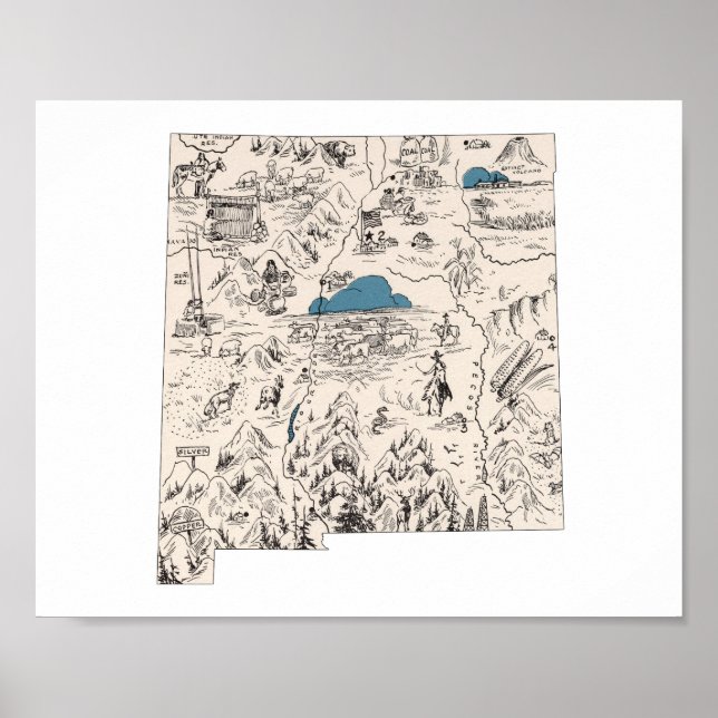 Póster Mapa de imágenes antiguas de Nuevo México (Frente)