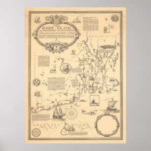 Póster Mapa de imágenes de la Isla de Rhode antigua (1925
