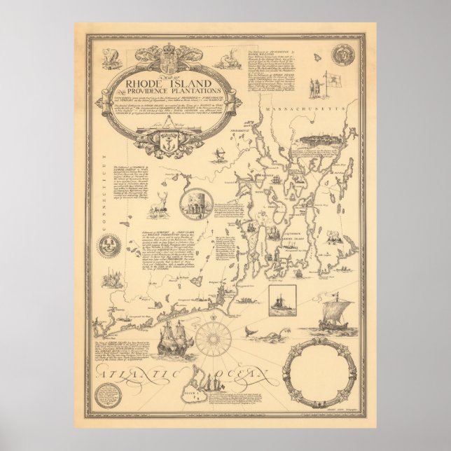 Póster Mapa de imágenes de la Isla de Rhode antigua (1925 (Frente)