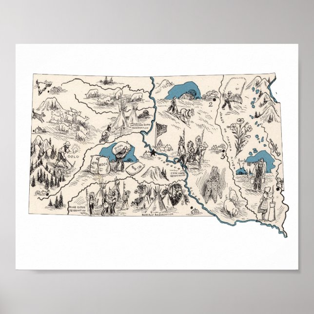 Póster Mapa de imágenes de la vieja usanza de Dakota del  (Frente)