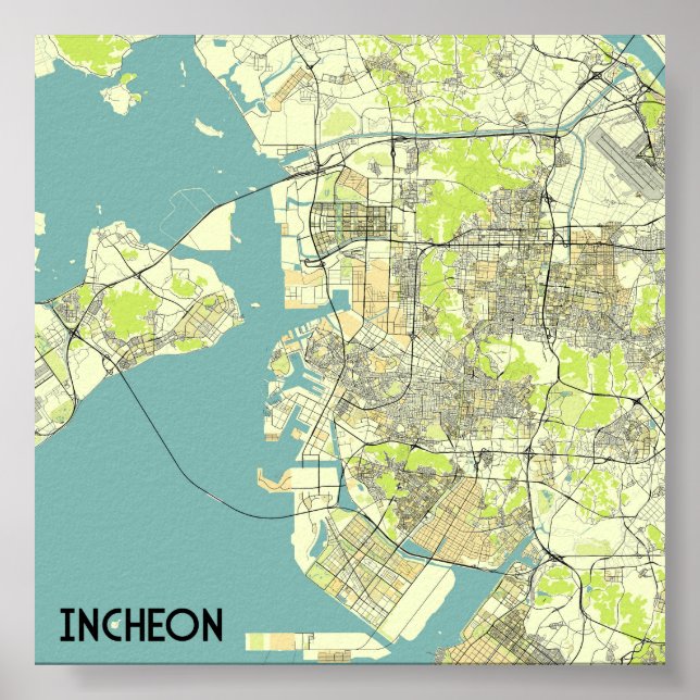 Póster Mapa de Incheon, Corea del Sur (Frente)