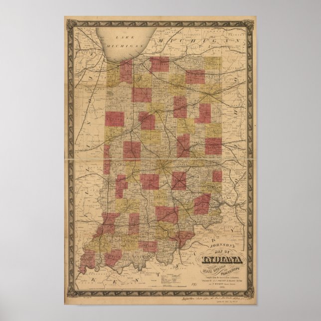 Póster Mapa de Indiana de 1858 que muestra las rutas y lo (Frente)