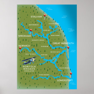 Póster Mapa de Inglaterra de Norfolk Broads.