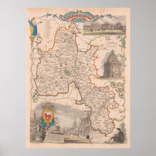 Póster Mapa de Inglaterra de Old Oxfordshire (1850) (Frente)