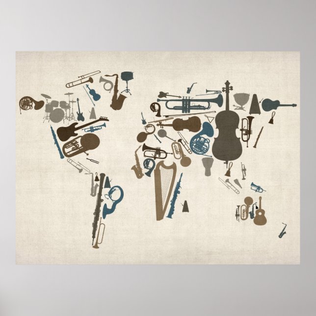 Póster Mapa de instrumentos musicales del mundo (Frente)