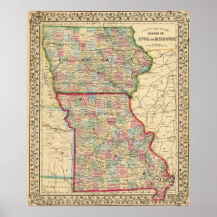 Póster Mapa de Iowa, Missouri de Mitchell