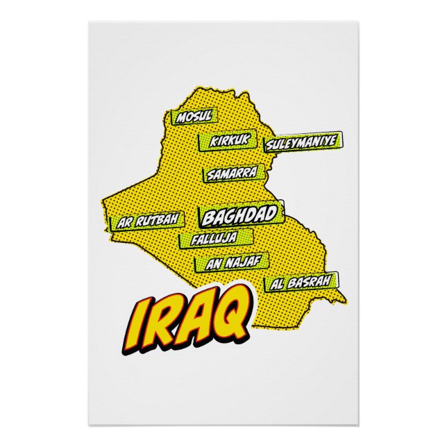 Póster Mapa de Irak ilustrado con Pop Art (Anverso)