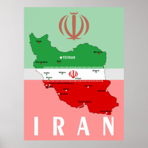 Póster Mapa de Irán con bandera y emblema