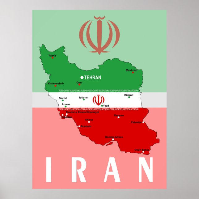 Póster Mapa de Irán con bandera y emblema (Frente)