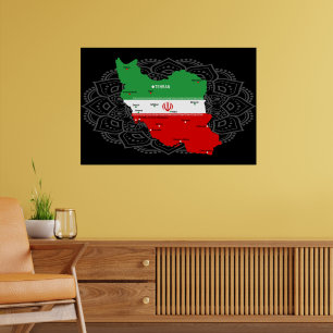 Póster Mapa de Irán con bandera y emblema