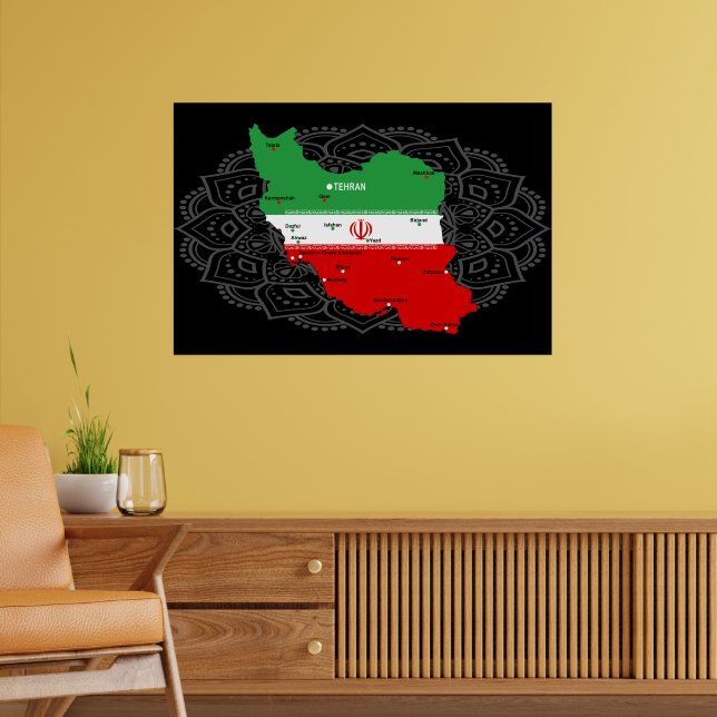 Póster Mapa de Irán con bandera y emblema (Salón 2)