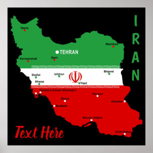 Póster Mapa de Irán con bandera y emblema