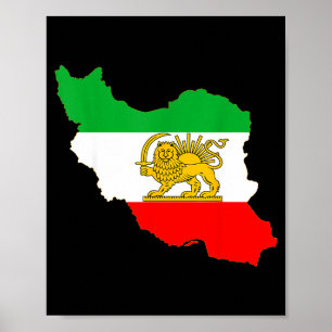 Póster mapa de Irán con emblema de león y sol, bandera pe