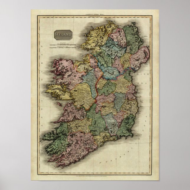 Póster Mapa de Irlanda de 1813 por John Pinkerton (Frente)