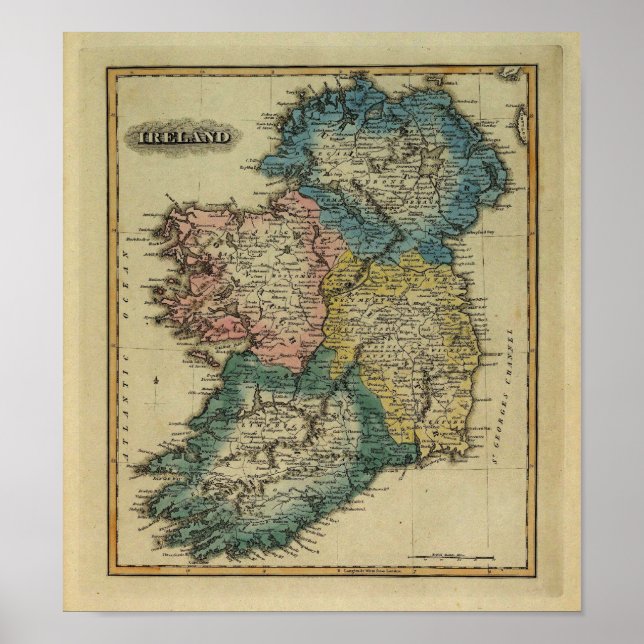 Póster Mapa de Irlanda de 1823 por Lucas Fielding Jr (Frente)