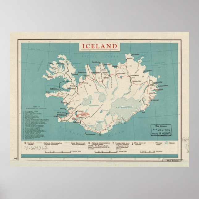 Póster Mapa de Islandia (alrededor de 1959) (Frente)