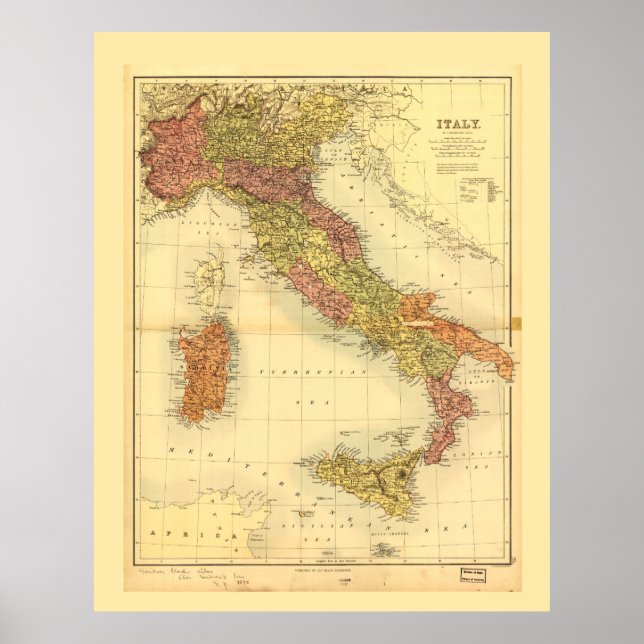 Póster Mapa de Italia (1890) (Frente)