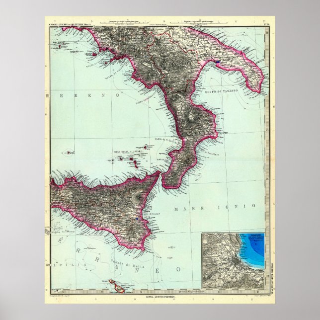Póster Mapa de Italia meridional y Malta (1891) (Frente)