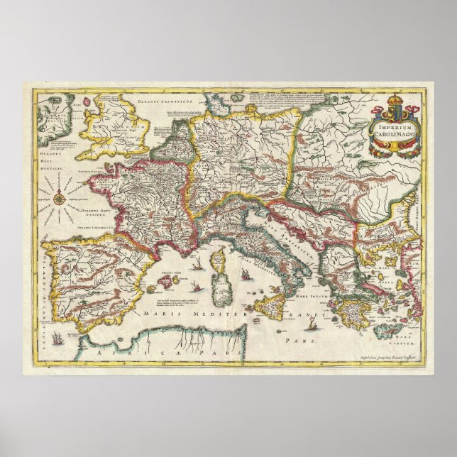 Póster Mapa de Jansson 1657 del Imperio de Charlemagne (Frente)