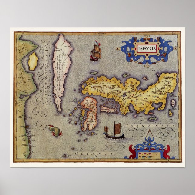 Póster Mapa de Japón por Mercator y Hondius, 1606 (Frente)
