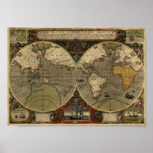 Póster Mapa de Jodocus Hondius 1595 del mundo