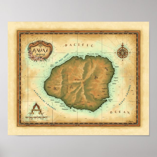 Póster Mapa de Kauai (Frente)