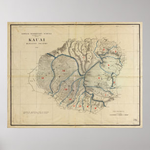 Póster Mapa de Kauai, Islas Hawái, 1903