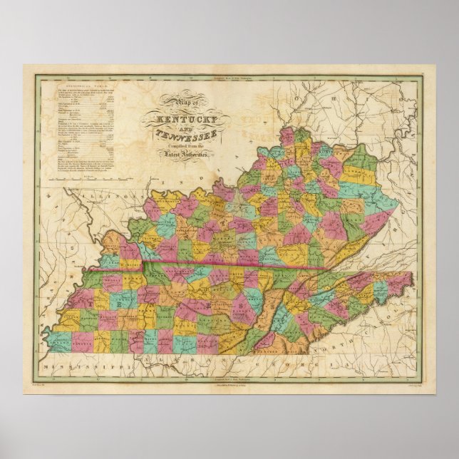 Póster Mapa de Kentucky y Tennessee (Frente)