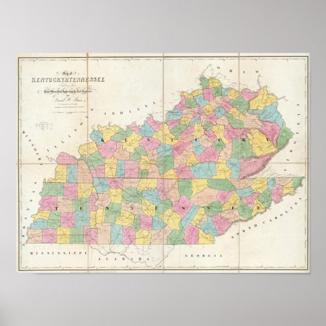 Póster Mapa de Kentucky y Tennessee (Frente)