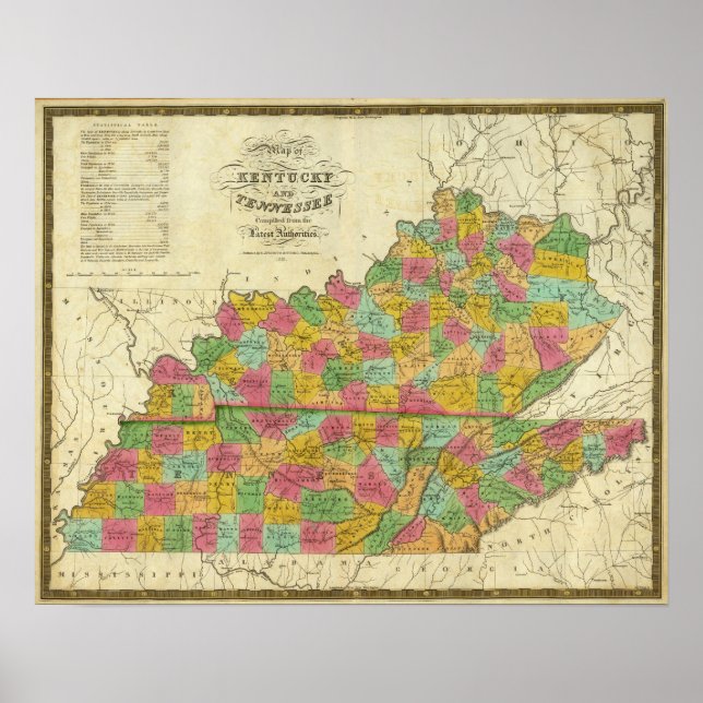 Póster Mapa de Kentucky y Tennessee (Frente)