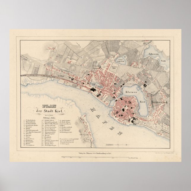 Póster Mapa de Kiel Alemania de época (1858) (Frente)