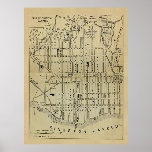Póster Mapa de Kingston Jamaica de época (1914) (Frente)
