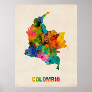 Póster Mapa de la acuarela de Colombia
