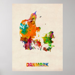 Póster Mapa de la acuarela de Dinamarca
