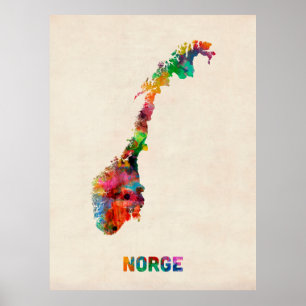 Póster Mapa de la acuarela de Noruega