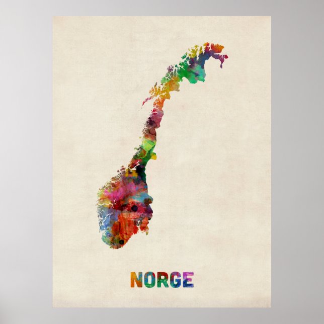 Póster Mapa de la acuarela de Noruega (Frente)