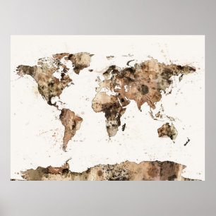 Póster Mapa de la acuarela Sepia del Mapa Mundial
