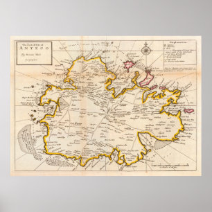 Póster Mapa de la Antigua Antigua Antigua (1736) Isla Vin