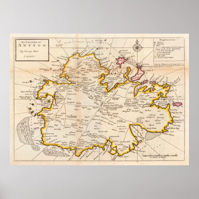 Póster Mapa de la Antigua Antigua Antigua (1736) Isla Vin (Frente)