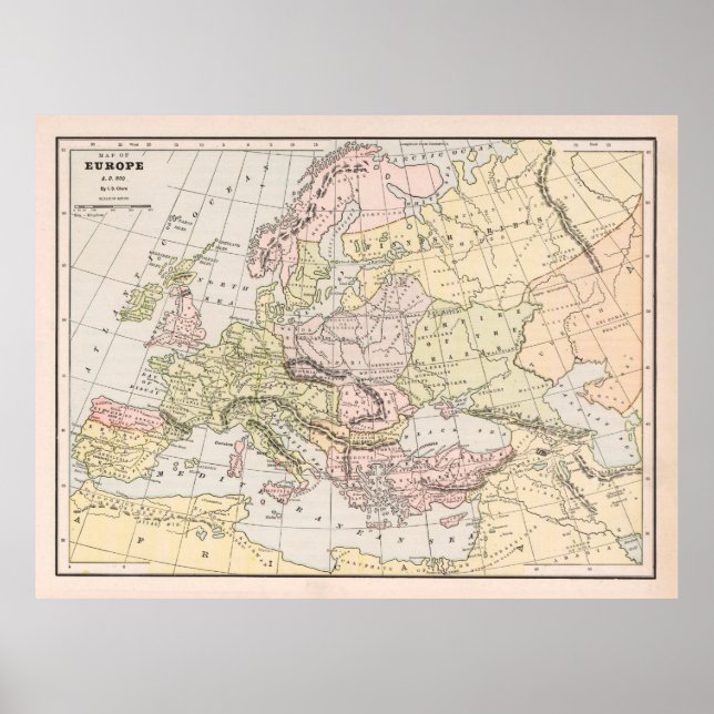 Póster Mapa de la Antigua Europa 800 AD (1901) (Frente)