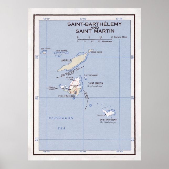 Póster Mapa de la antigua isla de St Martin, Anguila y St (Frente)